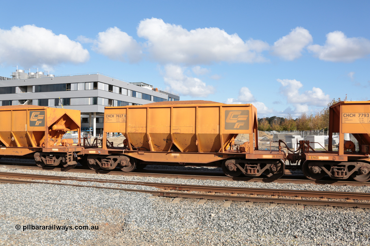 140601 4672
Midland, loaded iron ore train #1030 heading to Kwinana, CFCLA leased CHCH type waggon CHCH 7617 these waggons were rebuilt between 2010 and 2012 by Bluebird Rail Operations SA from former Goldsworthy Mining hopper waggons originally built by Tomlinson WA and Scotts of Ipswich Qld back in the 60's to early 80's. 1st June 2014.
Keywords: CHCH-type;CHCH7617;Bluebird-Rail-Operations-SA;2010/201-17;