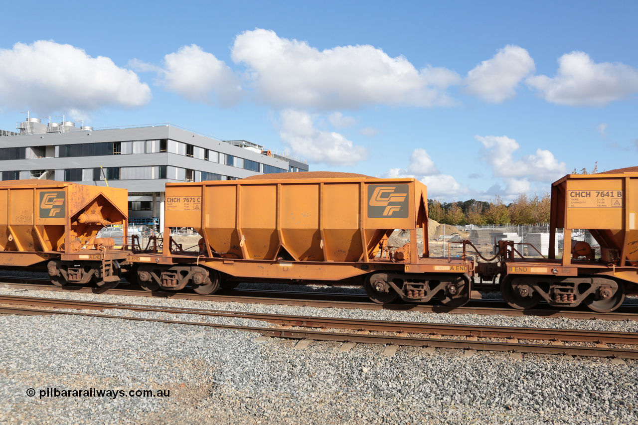 140601 4677
Midland, loaded iron ore train #1030 heading to Kwinana, CFCLA leased CHCH type waggon CHCH 7671 these waggons were rebuilt between 2010 and 2012 by Bluebird Rail Operations SA from former Goldsworthy Mining hopper waggons originally built by Tomlinson WA and Scotts of Ipswich Qld back in the 60's to early 80's. 1st June 2014.
Keywords: CHCH-type;CHCH7671;Bluebird-Rail-Operations-SA;2010/201-71;