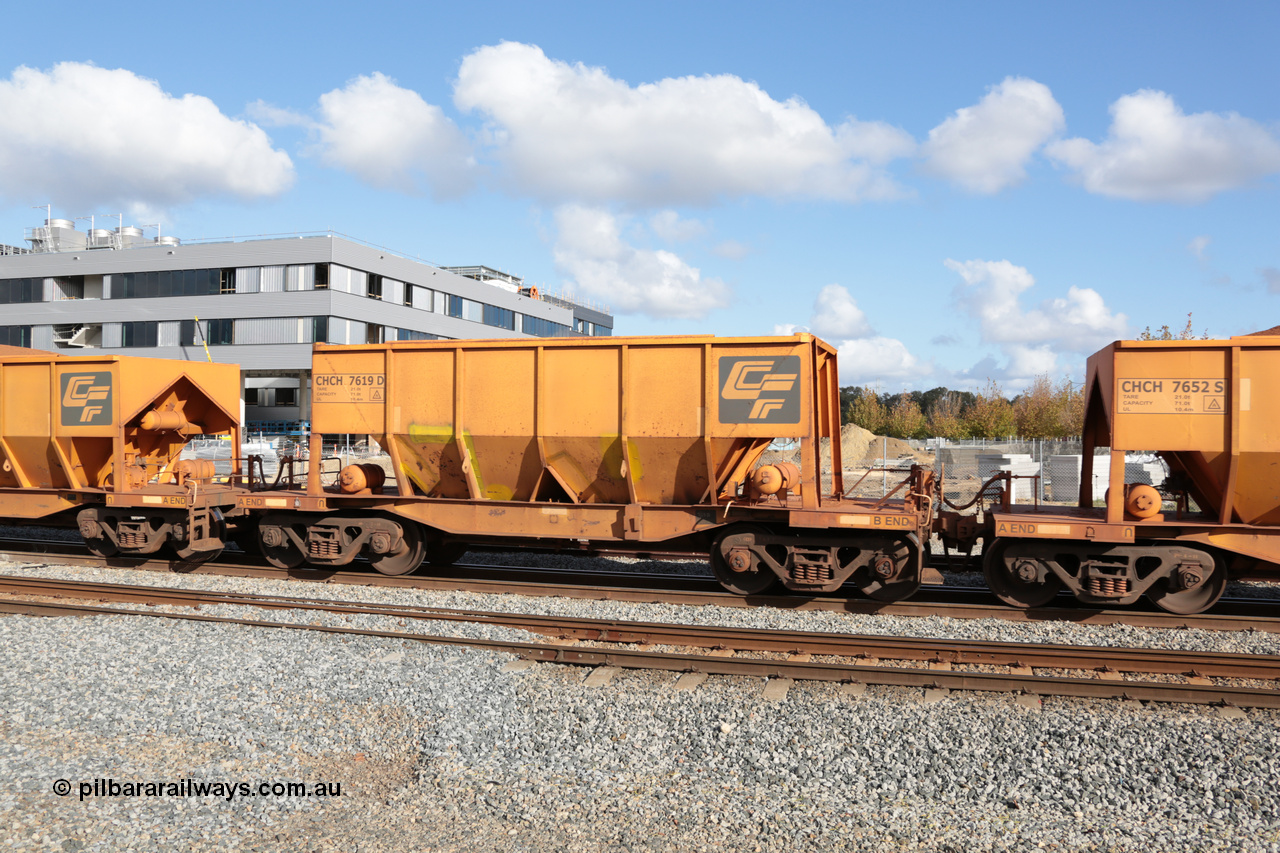140601 4680
Midland, loaded iron ore train #1030 heading to Kwinana, CFCLA leased CHCH type waggon CHCH 7619 these waggons were rebuilt between 2010 and 2012 by Bluebird Rail Operations SA from former Goldsworthy Mining hopper waggons originally built by Tomlinson WA and Scotts of Ipswich Qld back in the 60's to early 80's. 1st June 2014.
Keywords: CHCH-type;CHCH7619;Bluebird-Rail-Operations-SA;2010/201-19;