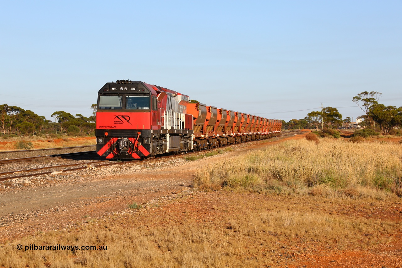 190107 0317
Parkeston, Mineral Resources MRL class loco MRL 002 'Spirit of Yilgarn' with serial R-0113-03/14-505 a UGL Rail Broadmeadow NSW built GE model C44ACi in 2014 stands in the Engineers Siding with a string of eighteen, or nine pairs of MHPY bottom discharge hopper waggons awaiting transfer over to West Kalgoorlie.
Keywords: MRL-class;MRL002;UGL-Rail-NSW;GE;C44ACi;R-0113-03/14-505;