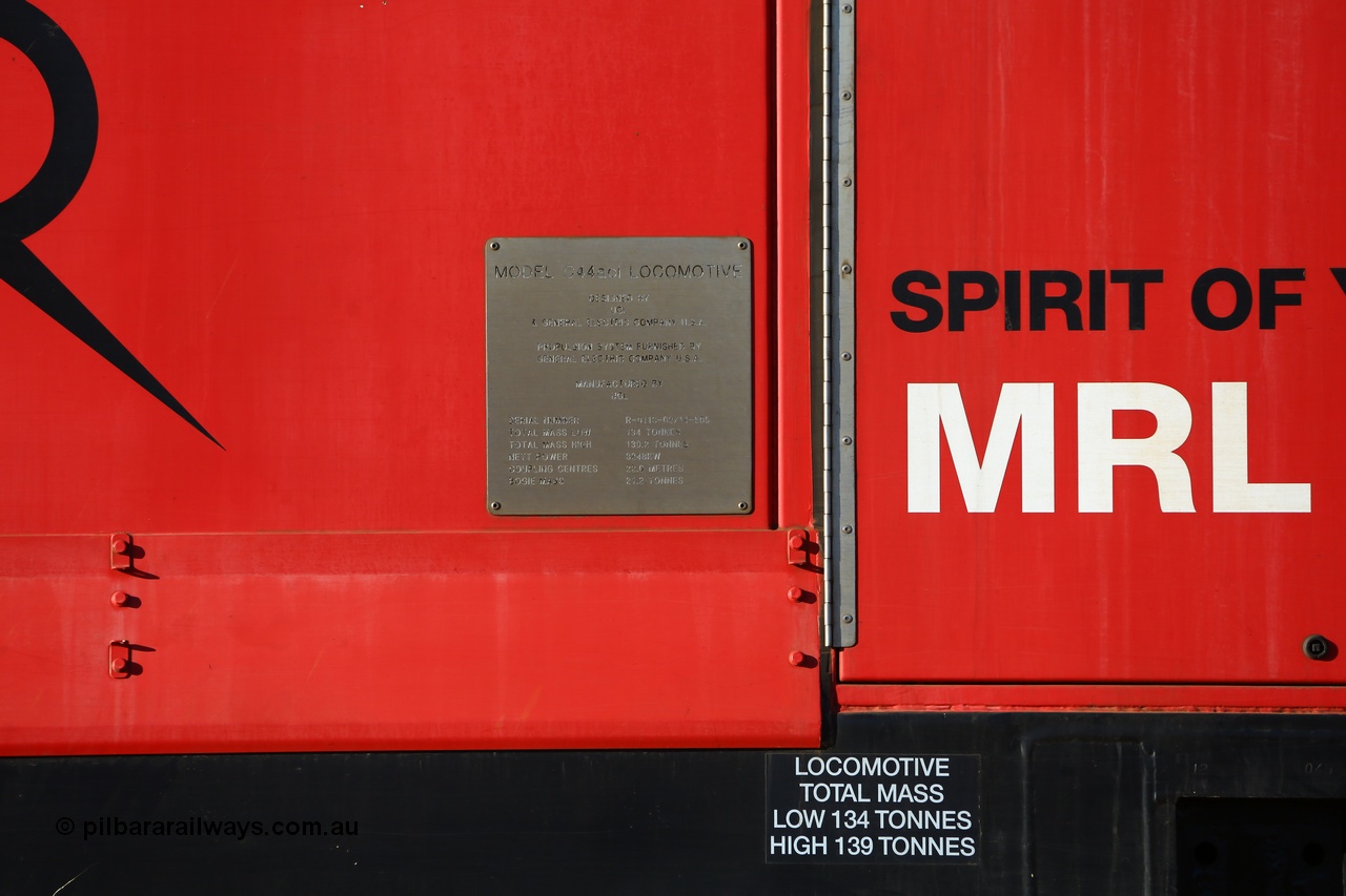 190107 0343
Parkeston, builders plate of Mineral Resources MRL class loco MRL 002 'Spirit of Yilgarn' with serial R-0113-03/14-505 a UGL Rail Broadmeadow NSW built GE model C44ACi in 2014 stands in the Engineers Siding.
Keywords: MRL-class;MRL002;UGL-Rail-NSW;GE;C44ACi;R-0113-03/14-505;