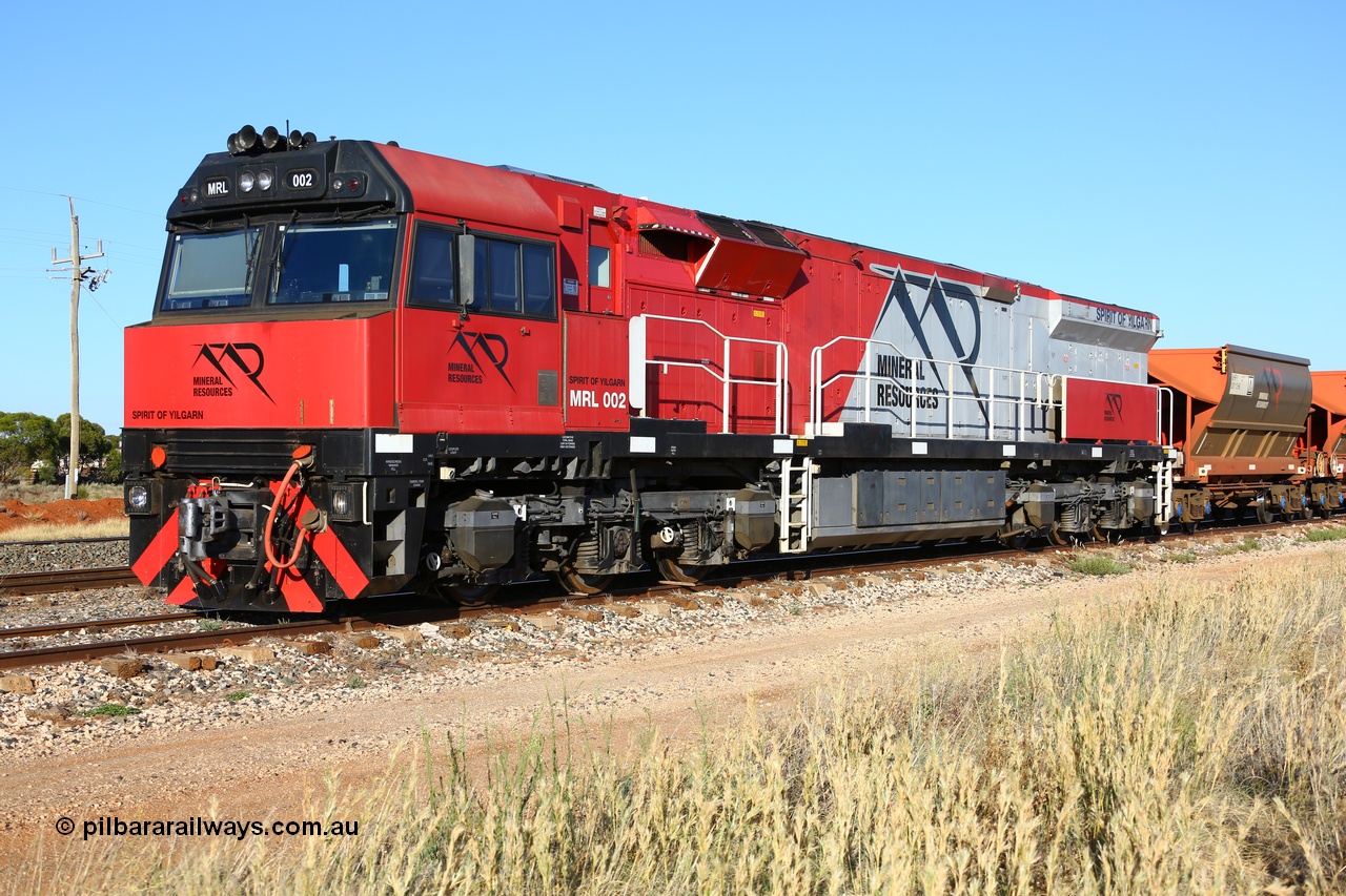 190107 0419
Parkeston, Mineral Resources MRL class loco MRL 002 'Spirit of Yilgarn' with serial R-0113-03/14-505 a UGL Rail Broadmeadow NSW built GE model C44ACi in 2014 stands in the Engineers Siding with a string of eighteen, or nine pairs of MHPY bottom discharge hopper waggons awaiting transfer over to West Kalgoorlie.
Keywords: MRL-class;MRL002;UGL-Rail-NSW;GE;C44ACi;R-0113-03/14-505;
