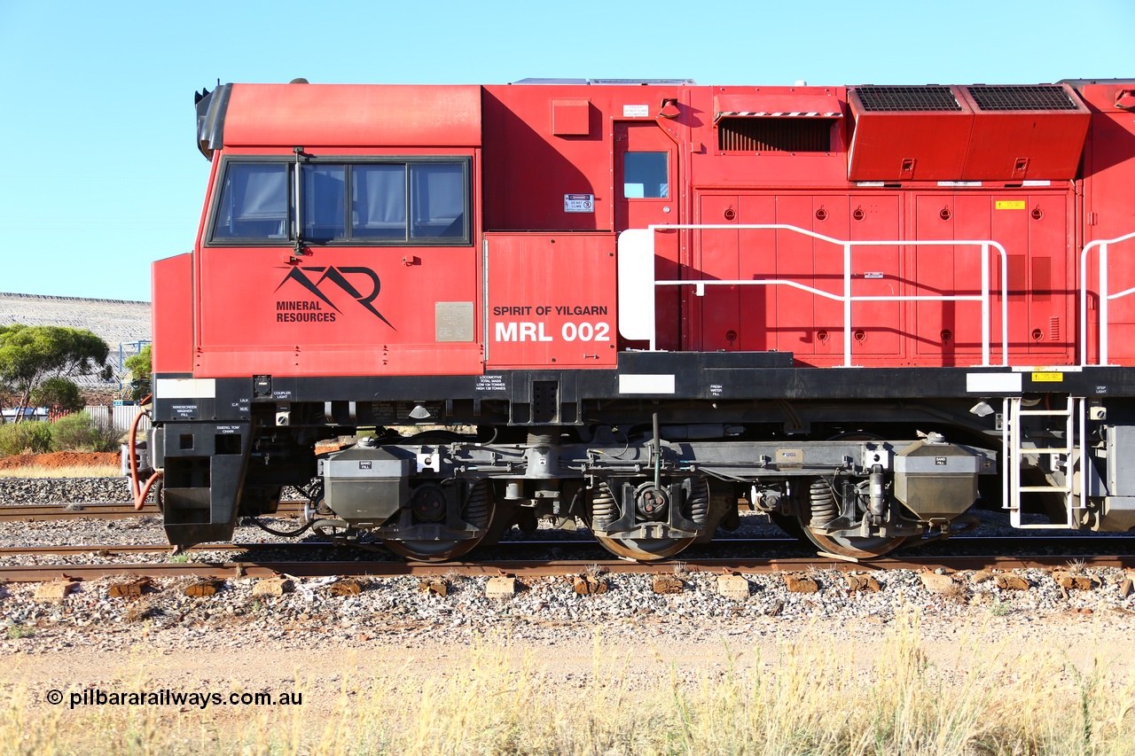 190107 0420
Parkeston, cab side view of Mineral Resources MRL class loco MRL 002 'Spirit of Yilgarn' with serial R-0113-03/14-505 a UGL Rail Broadmeadow NSW built GE model C44ACi in 2014 stands in the Engineers Siding.
Keywords: MRL-class;MRL002;UGL-Rail-NSW;GE;C44ACi;R-0113-03/14-505;