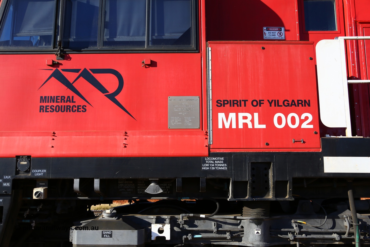 190107 0421
Parkeston, cab side view of Mineral Resources MRL class loco MRL 002 'Spirit of Yilgarn' with serial R-0113-03/14-505 a UGL Rail Broadmeadow NSW built GE model C44ACi in 2014 stands in the Engineers Siding.
Keywords: MRL-class;MRL002;UGL-Rail-NSW;GE;C44ACi;R-0113-03/14-505;