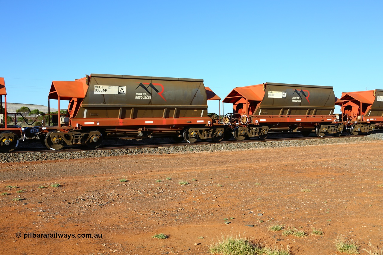 190107 0441
Parkeston, Mineral Resources Ltd MHPY type iron ore waggon married pair set MHPY 00334 and MHPY 00333 built by CSR Yangtze Co China in 2014 as a batch of 382 units, these bottom discharge hopper waggons are operated in 'married' pairs.
Keywords: MHPY-type;MHPY00334;2014/382-334;CSR-Yangtze-Rolling-Stock-Co-China;