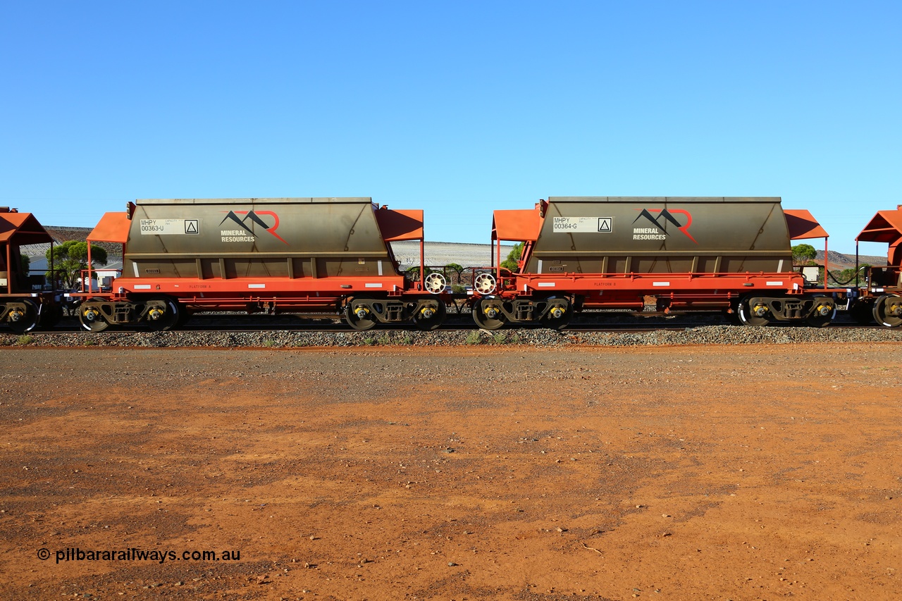 190107 0453
Parkeston, Mineral Resources Ltd MHPY type iron ore waggon married pair set MHPY 00363 and MHPY 00364 built by CSR Yangtze Co China in 2014 as a batch of 382 units, these bottom discharge hopper waggons are operated in 'married' pairs.
Keywords: MHPY-type;MHPY00363;2014/382-363;CSR-Yangtze-Rolling-Stock-Co-China;