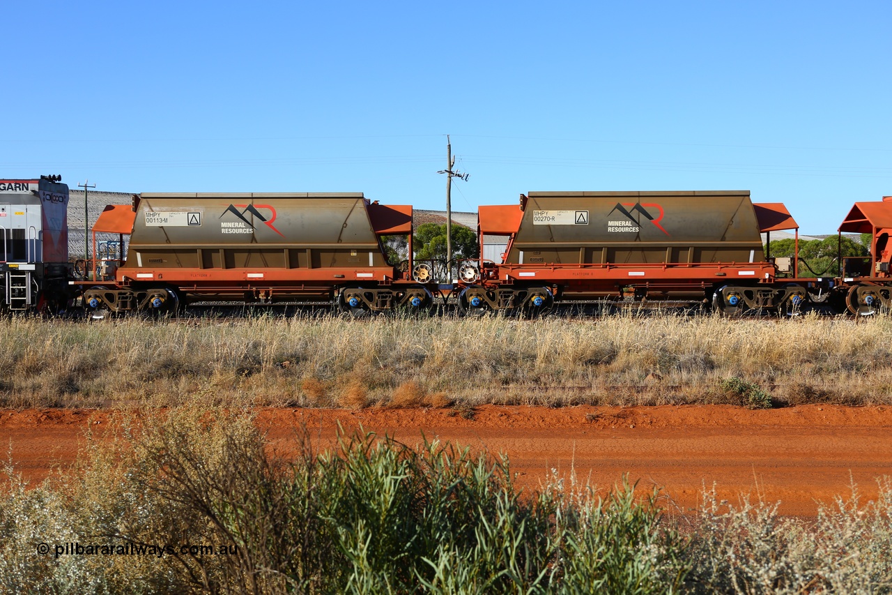 190107 0456
Parkeston, Mineral Resources Ltd MHPY type iron ore waggon miss-matched married pair MHPY 00113 and MHPY 00270 built by CSR Yangtze Co China in 2014 as a batch of 382 units, these bottom discharge hopper waggons are operated in 'married' pairs.
Keywords: MHPY-type;MHPY00113;2014/382-113;CSR-Yangtze-Rolling-Stock-Co-China;