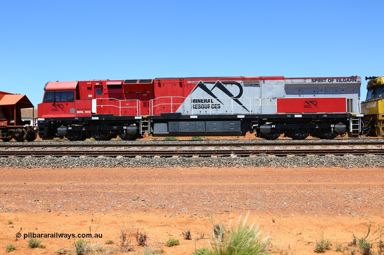 190107 0489
Parkeston, side view of Mineral Resources MRL class loco MRL 002 'Spirit of Yilgarn' with serial R-0113-03/14-505 a UGL Rail Broadmeadow NSW built GE model C44ACi in 2014.
Keywords: MRL-class;MRL002;UGL-Rail-NSW;GE;C44ACi;R-0113-03/14-505;