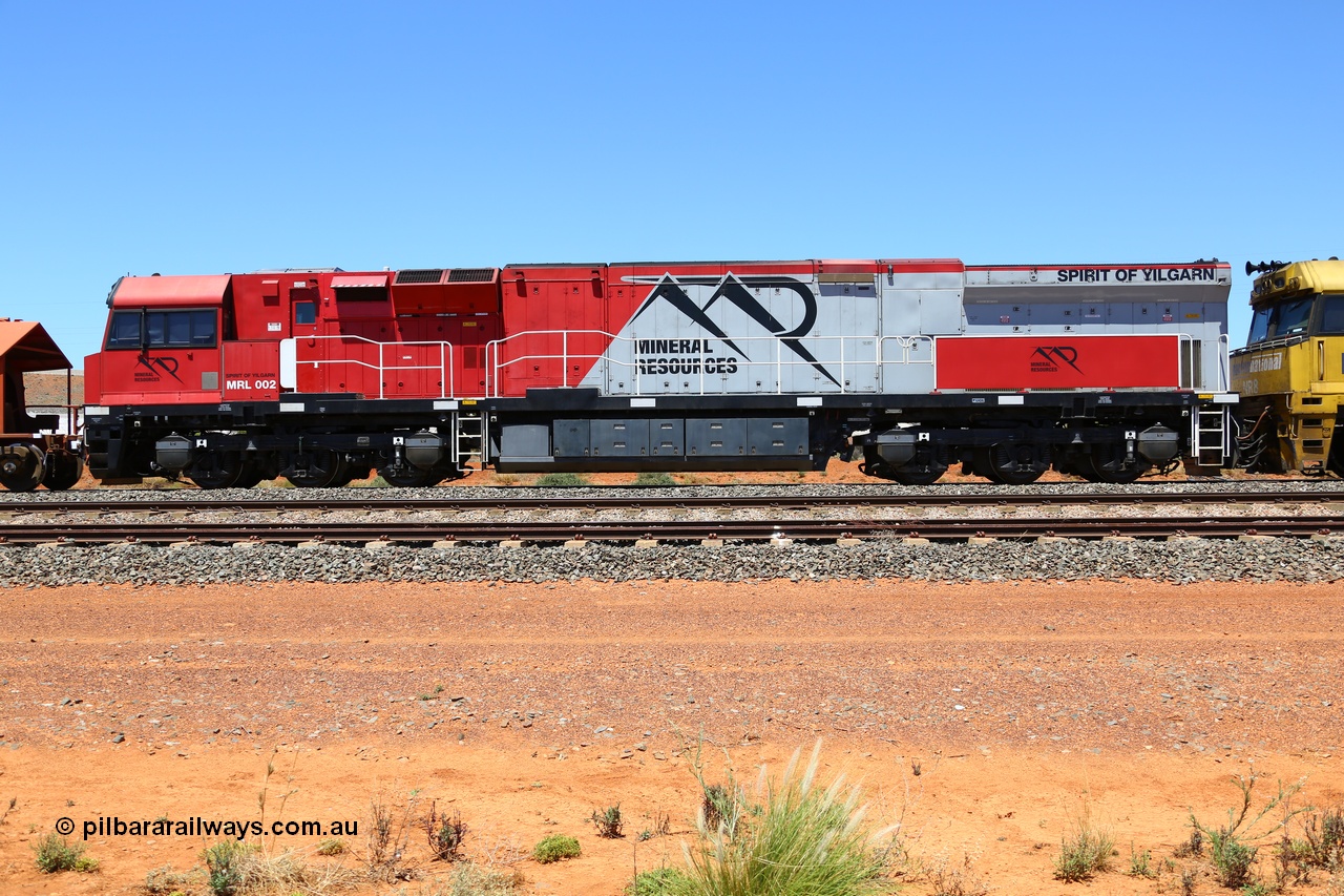 190107 0490
Parkeston, side view of Mineral Resources MRL class loco MRL 002 'Spirit of Yilgarn' with serial R-0113-03/14-505 a UGL Rail Broadmeadow NSW built GE model C44ACi in 2014.
Keywords: MRL-class;MRL002;UGL-Rail-NSW;GE;C44ACi;R-0113-03/14-505;