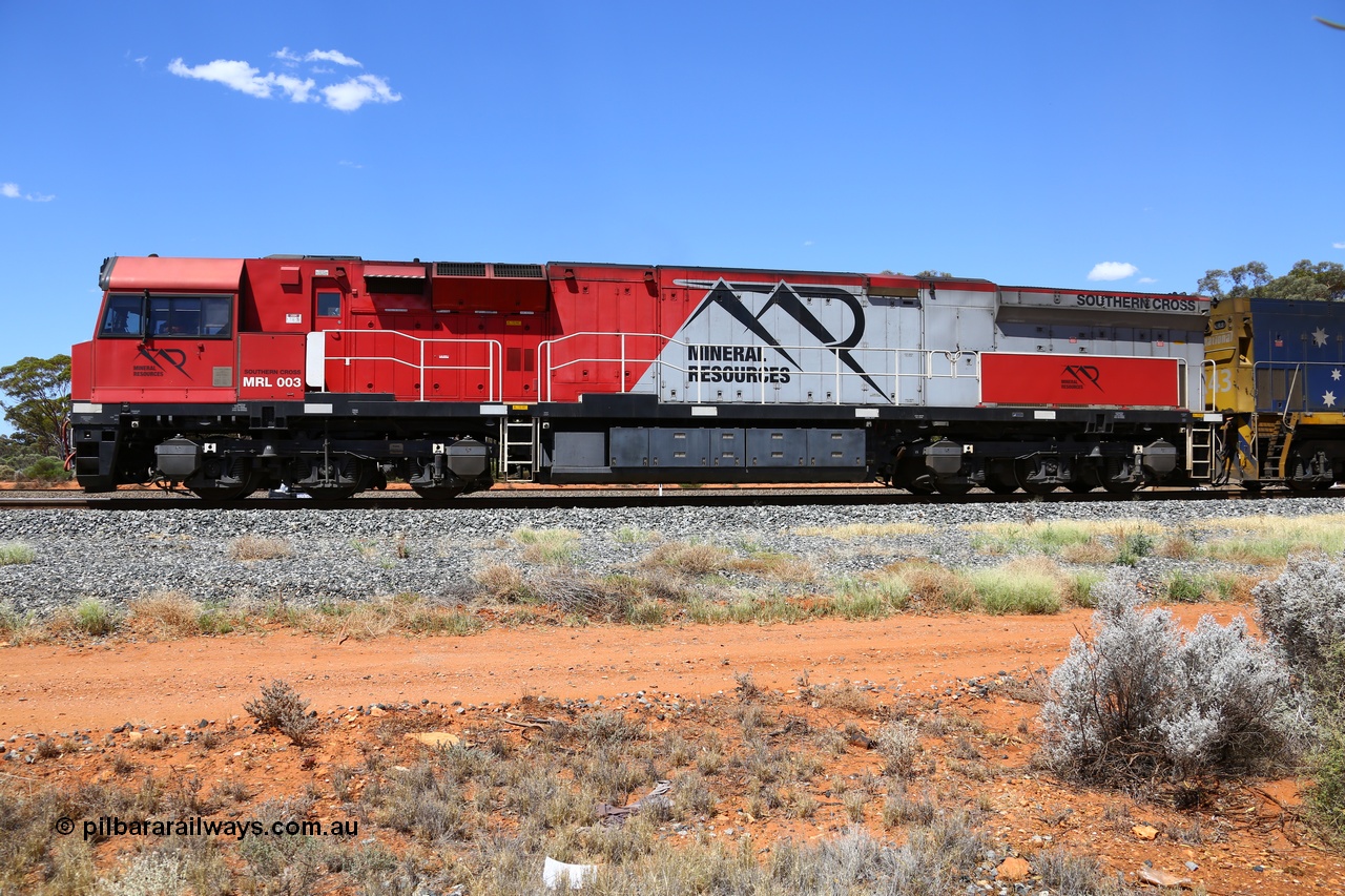 190107 0531
Binduli, side view of Mineral Resources MRL class loco MRL 003 'Southern Cross' with serial R-0113-03/14-506 a UGL Rail Broadmeadow NSW built GE model C44ACi locomotive with 4354 horsepower.
Keywords: MRL-class;MRL003;UGL-Rail-NSW;GE;C44ACi;R-0113-03/14-506;