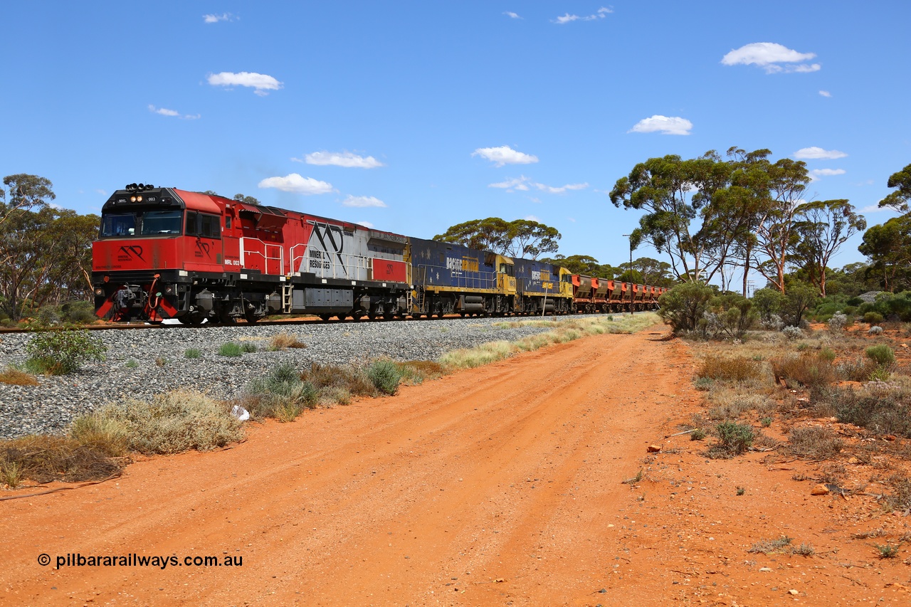 190107 0532
Binduli, following a crew change Mineral Resources empty iron ore train 2034 with Mineral Resources MRL class loco MRL 003 'Southern Cross' with serial R-0113-03/14-506 a UGL Rail Broadmeadow NSW built GE model C44ACi leads two Pacific National NR class units NR 43 and NR 78 with 53 pairs of MHPYs and 2 single MHLY bottom discharge hopper waggons for 1293 metres and 2258 tonnes.
Keywords: MRL-class;MRL003;UGL-Rail-NSW;GE;C44ACi;R-0113-03/14-506;