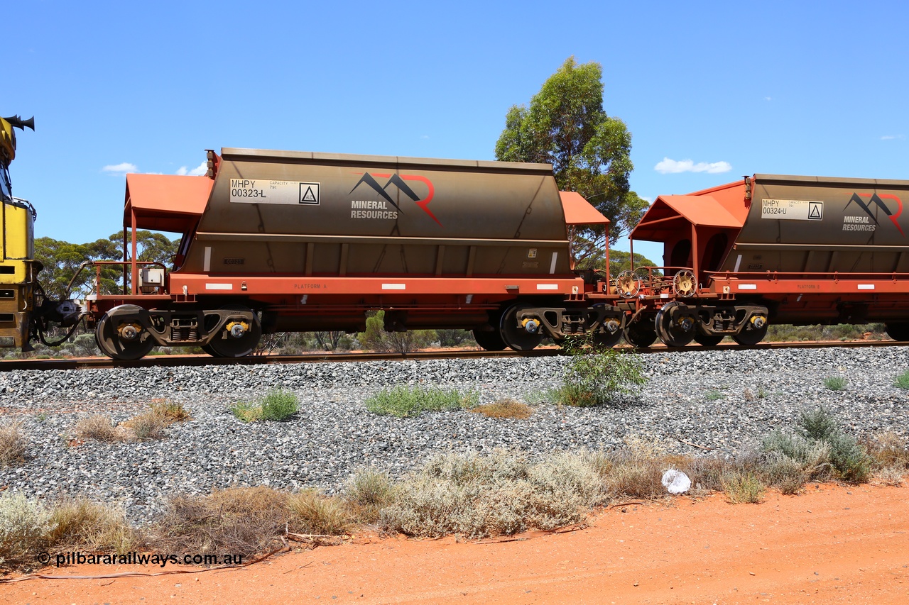 190107 0536
Binduli, on empty Mineral Resources Ltd iron ore train service from Esperance to Koolyanobbing 2034 with MRL's MHPY type iron ore waggon MHPY 00323 built by CSR Yangtze Co China serial 2014/382-323 in 2014 as a batch of 382 units, these bottom discharge hopper waggons are operated in 'married' pairs.
Keywords: MHPY-type;MHPY00323;2014/382-323;CSR-Yangtze-Rolling-Stock-Co-China;