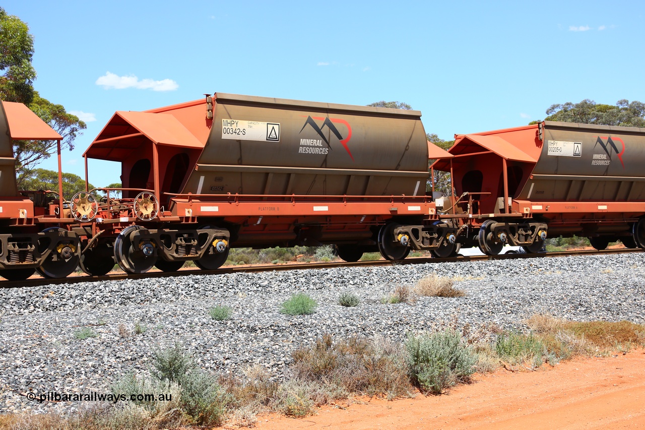 190107 0539
Binduli, on empty Mineral Resources Ltd iron ore train service from Esperance to Koolyanobbing 2034 with MRL's MHPY type iron ore waggon MHPY 00342 built by CSR Yangtze Co China serial 2014/382-342 in 2014 as a batch of 382 units, these bottom discharge hopper waggons are operated in 'married' pairs.
Keywords: MHPY-type;MHPY00342;2014/382-342;CSR-Yangtze-Rolling-Stock-Co-China;
