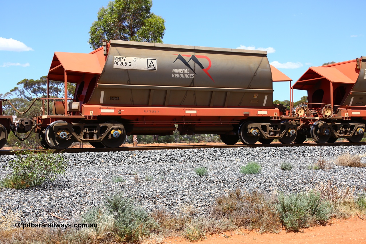 190107 0540
Binduli, on empty Mineral Resources Ltd iron ore train service from Esperance to Koolyanobbing 2034 with MRL's MHPY type iron ore waggon MHPY 00205 built by CSR Yangtze Co China serial 2014/382-205 in 2014 as a batch of 382 units, these bottom discharge hopper waggons are operated in 'married' pairs.
Keywords: MHPY-type;MHPY00205;2014/382-205;CSR-Yangtze-Rolling-Stock-Co-China;