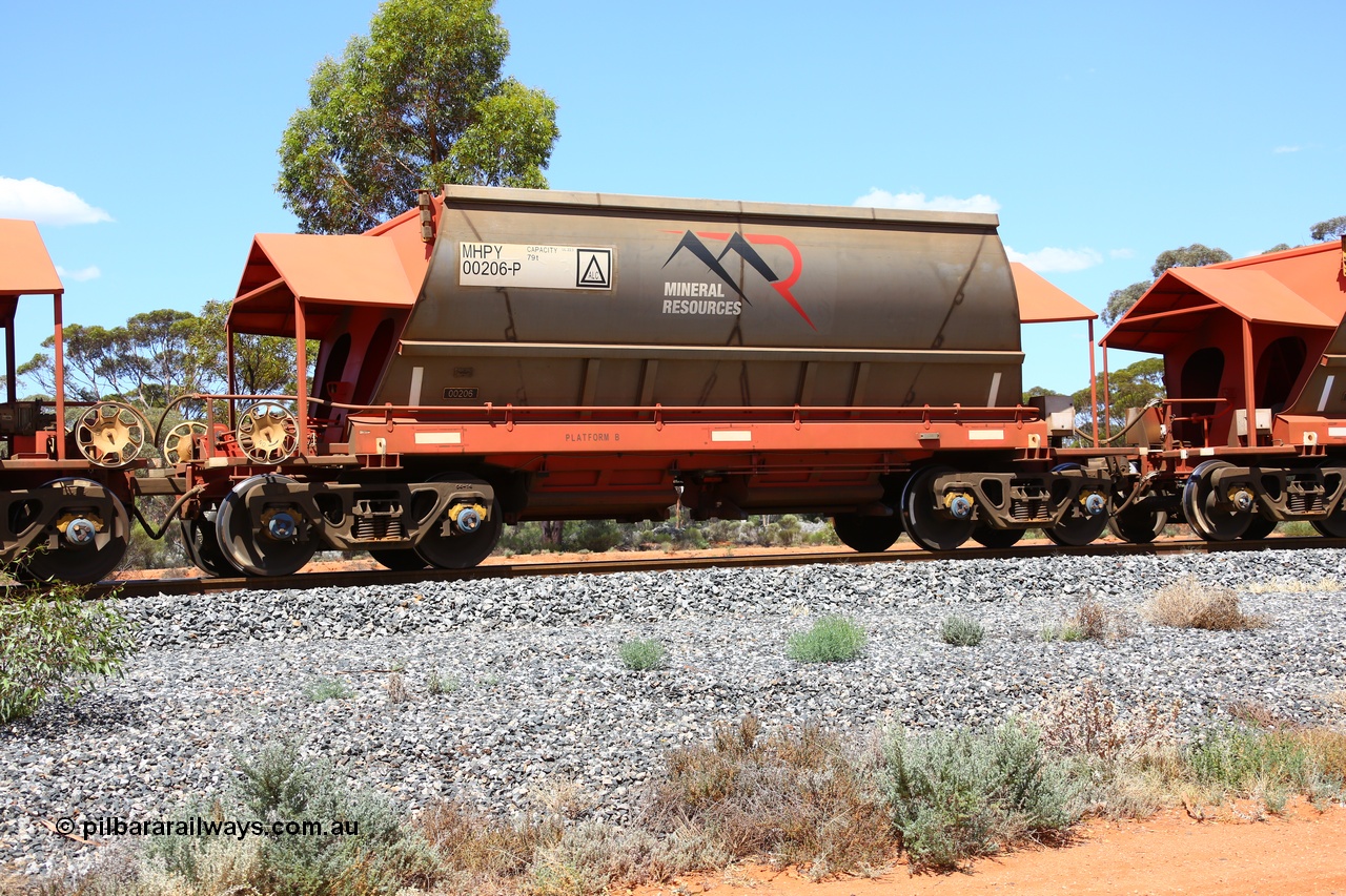 190107 0541
Binduli, on empty Mineral Resources Ltd iron ore train service from Esperance to Koolyanobbing 2034 with MRL's MHPY type iron ore waggon MHPY 00206 built by CSR Yangtze Co China serial 2014/382-206 in 2014 as a batch of 382 units, these bottom discharge hopper waggons are operated in 'married' pairs.
Keywords: MHPY-type;MHPY00206;2014/382-206;CSR-Yangtze-Rolling-Stock-Co-China;