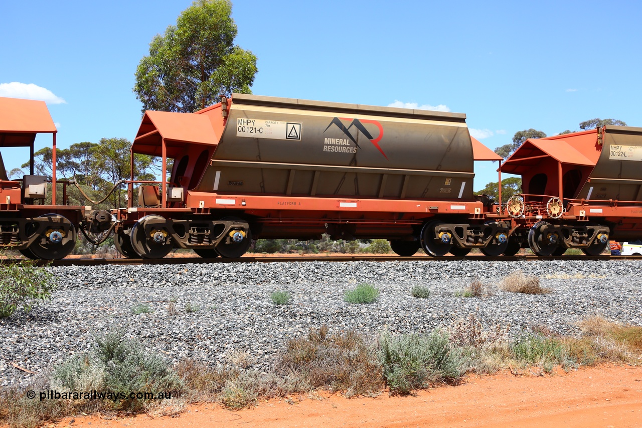 190107 0542
Binduli, on empty Mineral Resources Ltd iron ore train service from Esperance to Koolyanobbing 2034 with MRL's MHPY type iron ore waggon MHPY 00121 built by CSR Yangtze Co China serial 2014/382-121 in 2014 as a batch of 382 units, these bottom discharge hopper waggons are operated in 'married' pairs.
Keywords: MHPY-type;MHPY00121;2014/382-121;CSR-Yangtze-Rolling-Stock-Co-China;