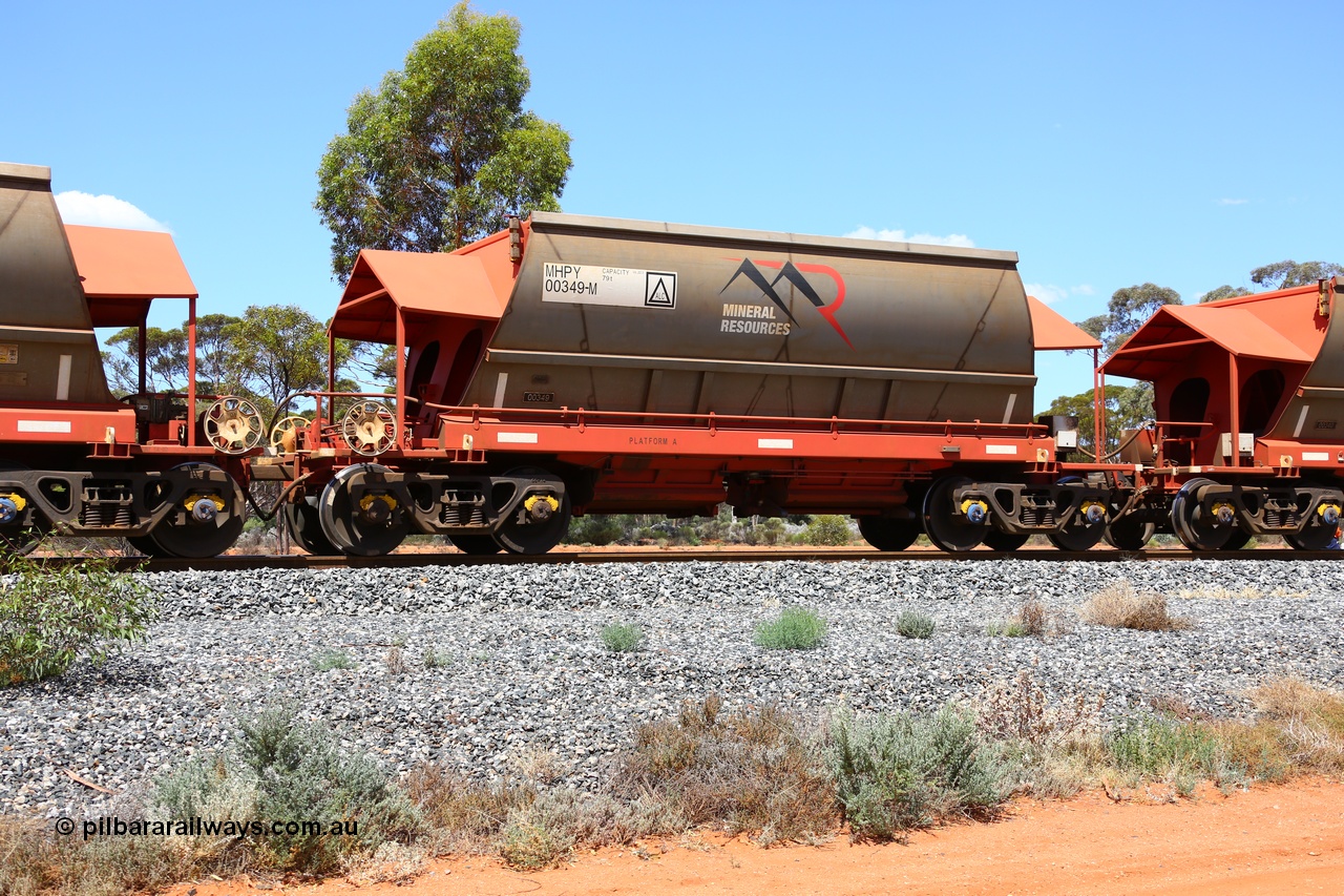 190107 0545
Binduli, on empty Mineral Resources Ltd iron ore train service from Esperance to Koolyanobbing 2034 with MRL's MHPY type iron ore waggon MHPY 00349 built by CSR Yangtze Co China serial 2014/382-349 in 2014 as a batch of 382 units, these bottom discharge hopper waggons are operated in 'married' pairs.
Keywords: MHPY-type;MHPY00349;2014/382-349;CSR-Yangtze-Rolling-Stock-Co-China;