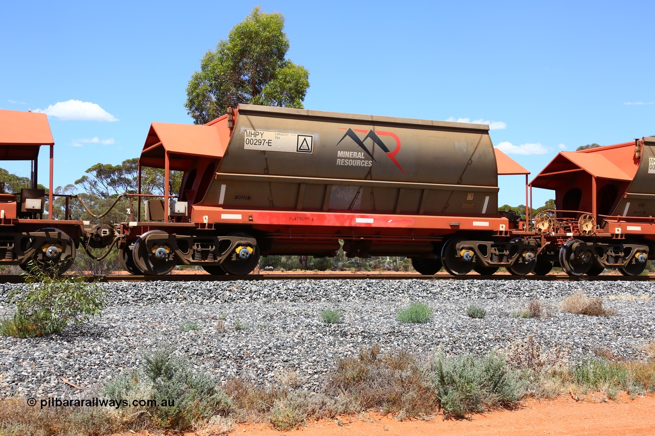 190107 0552
Binduli, on empty Mineral Resources Ltd iron ore train service from Esperance to Koolyanobbing 2034 with MRL's MHPY type iron ore waggon MHPY 00297 built by CSR Yangtze Co China serial 2014/382-297 in 2014 as a batch of 382 units, these bottom discharge hopper waggons are operated in 'married' pairs.
Keywords: MHPY-type;MHPY00297;2014/382-297;CSR-Yangtze-Rolling-Stock-Co-China;