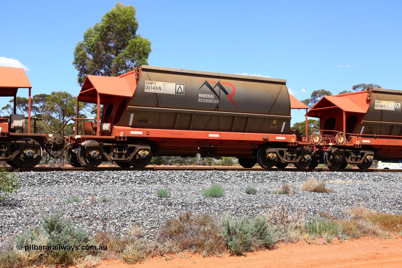 190107 0556
Binduli, on empty Mineral Resources Ltd iron ore train service from Esperance to Koolyanobbing 2034 with MRL's MHPY type iron ore waggon MHPY 00143 built by CSR Yangtze Co China serial 2014/382-143 in 2014 as a batch of 382 units, these bottom discharge hopper waggons are operated in 'married' pairs.
Keywords: MHPY-type;MHPY00143;2014/382-143;CSR-Yangtze-Rolling-Stock-Co-China;