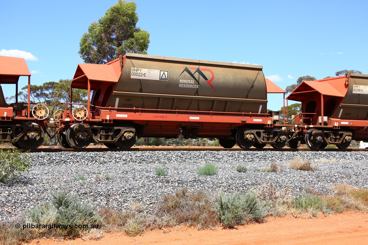 190107 0563
Binduli, on empty Mineral Resources Ltd iron ore train service from Esperance to Koolyanobbing 2034 with MRL's MHPY type iron ore waggon MHPY 00022 built by CSR Yangtze Co China serial 2014/382-22 in 2014 as a batch of 382 units, these bottom discharge hopper waggons are operated in 'married' pairs.
Keywords: MHPY-type;MHPY00022;2014/382-22;CSR-Yangtze-Rolling-Stock-Co-China;