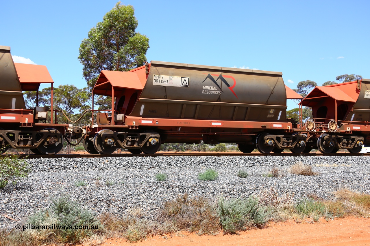 190107 0566
Binduli, on empty Mineral Resources Ltd iron ore train service from Esperance to Koolyanobbing 2034 with MRL's MHPY type iron ore waggon MHPY 00119 built by CSR Yangtze Co China serial 2014/382-119 in 2014 as a batch of 382 units, these bottom discharge hopper waggons are operated in 'married' pairs.
Keywords: MHPY-type;MHPY00119;2014/382-119;CSR-Yangtze-Rolling-Stock-Co-China;