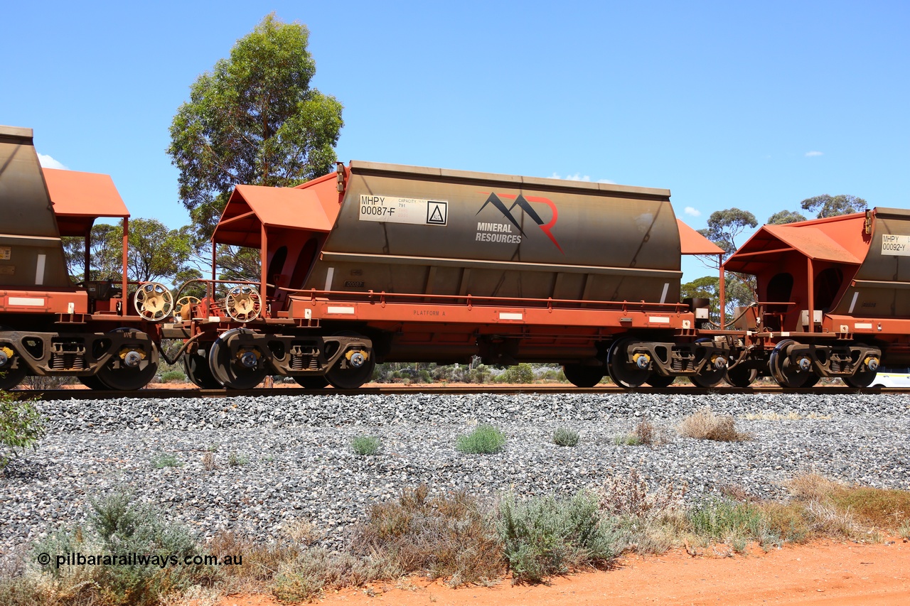190107 0569
Binduli, on empty Mineral Resources Ltd iron ore train service from Esperance to Koolyanobbing 2034 with MRL's MHPY type iron ore waggon MHPY 00087 built by CSR Yangtze Co China serial 2014/382-87 in 2014 as a batch of 382 units, these bottom discharge hopper waggons are operated in 'married' pairs.
Keywords: MHPY-type;MHPY00087;2014/382-87;CSR-Yangtze-Rolling-Stock-Co-China;