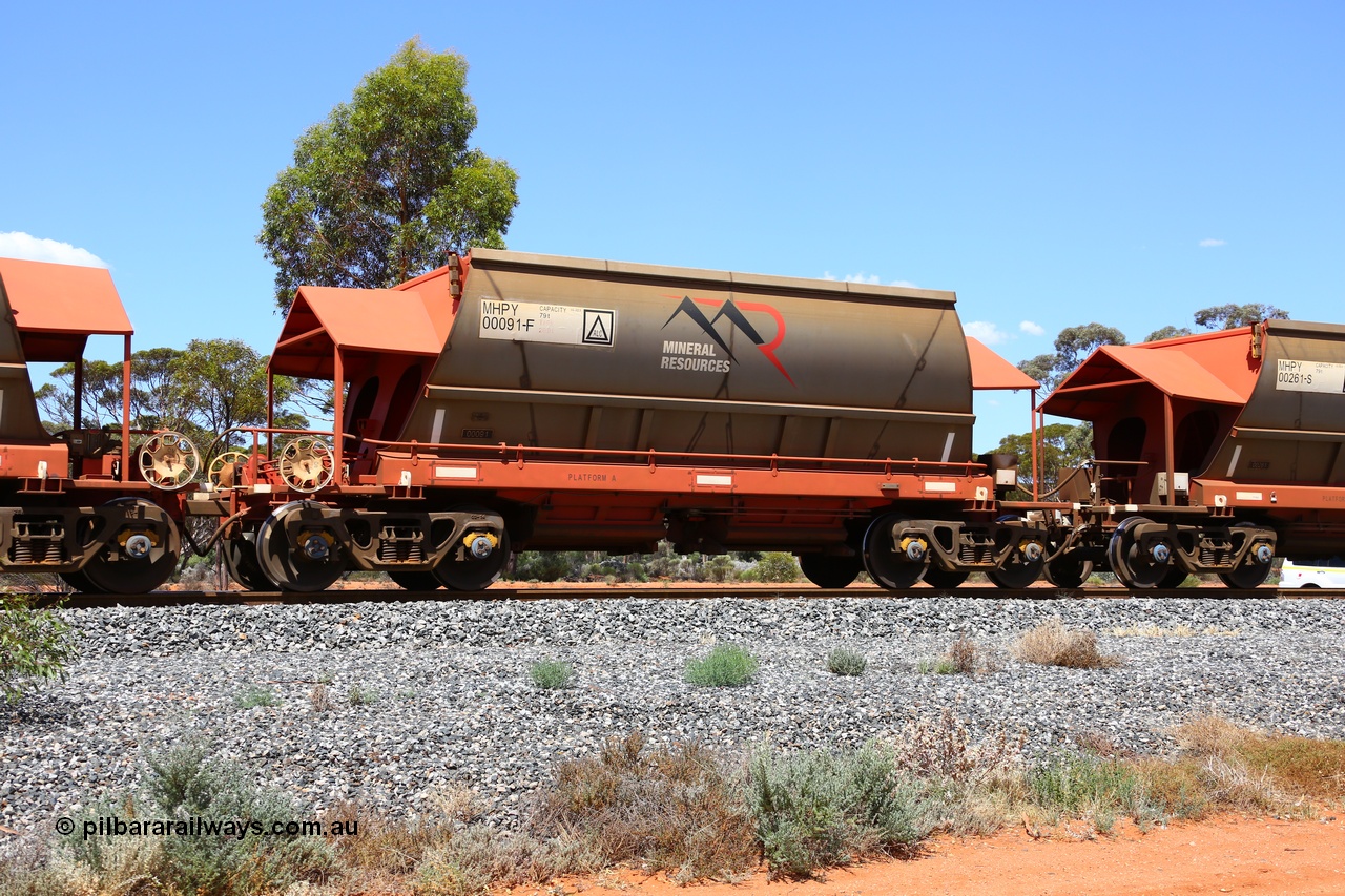 190107 0571
Binduli, on empty Mineral Resources Ltd iron ore train service from Esperance to Koolyanobbing 2034 with MRL's MHPY type iron ore waggon MHPY 00091 built by CSR Yangtze Co China serial 2014/382-91 in 2014 as a batch of 382 units, these bottom discharge hopper waggons are operated in 'married' pairs.
Keywords: MHPY-type;MHPY00091;2014/382-91;CSR-Yangtze-Rolling-Stock-Co-China;