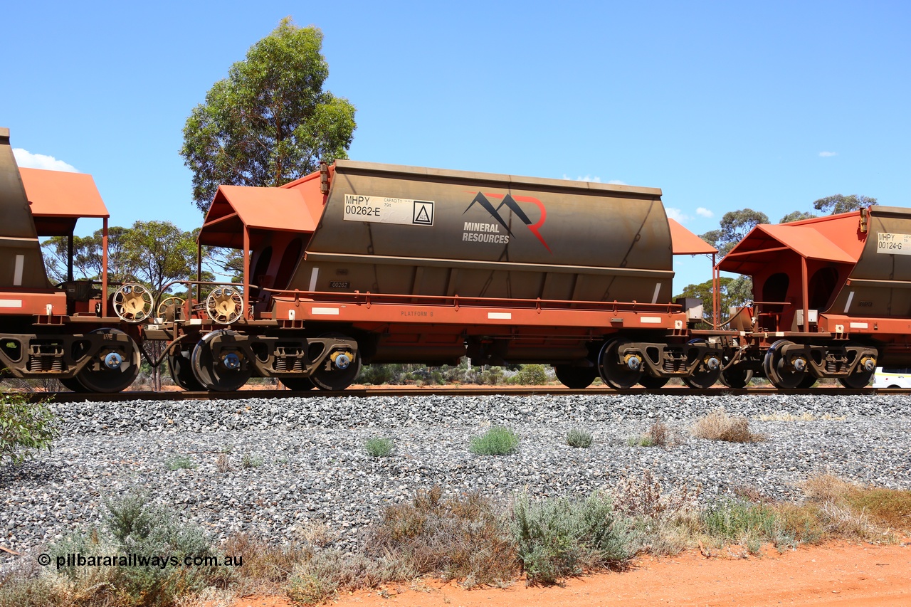 190107 0573
Binduli, on empty Mineral Resources Ltd iron ore train service from Esperance to Koolyanobbing 2034 with MRL's MHPY type iron ore waggon MHPY 00262 built by CSR Yangtze Co China serial 2014/382-262 in 2014 as a batch of 382 units, these bottom discharge hopper waggons are operated in 'married' pairs.
Keywords: MHPY-type;MHPY00262;2014/382-262;CSR-Yangtze-Rolling-Stock-Co-China;
