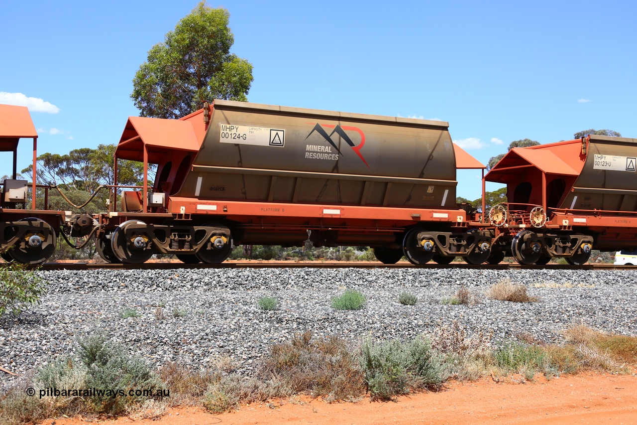 190107 0574
Binduli, on empty Mineral Resources Ltd iron ore train service from Esperance to Koolyanobbing 2034 with MRL's MHPY type iron ore waggon MHPY 00124 built by CSR Yangtze Co China serial 2014/382-124 in 2014 as a batch of 382 units, these bottom discharge hopper waggons are operated in 'married' pairs.
Keywords: MHPY-type;MHPY00124;2014/382-124;CSR-Yangtze-Rolling-Stock-Co-China;