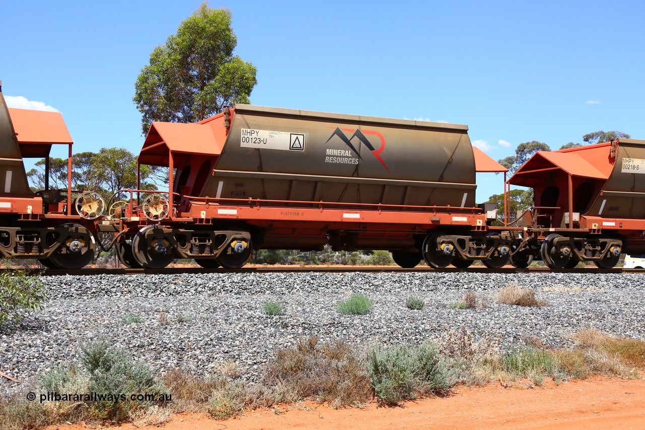 190107 0575
Binduli, on empty Mineral Resources Ltd iron ore train service from Esperance to Koolyanobbing 2034 with MRL's MHPY type iron ore waggon MHPY 00123 built by CSR Yangtze Co China serial 2014/382-123 in 2014 as a batch of 382 units, these bottom discharge hopper waggons are operated in 'married' pairs.
Keywords: MHPY-type;MHPY00123;2014/382-123;CSR-Yangtze-Rolling-Stock-Co-China;