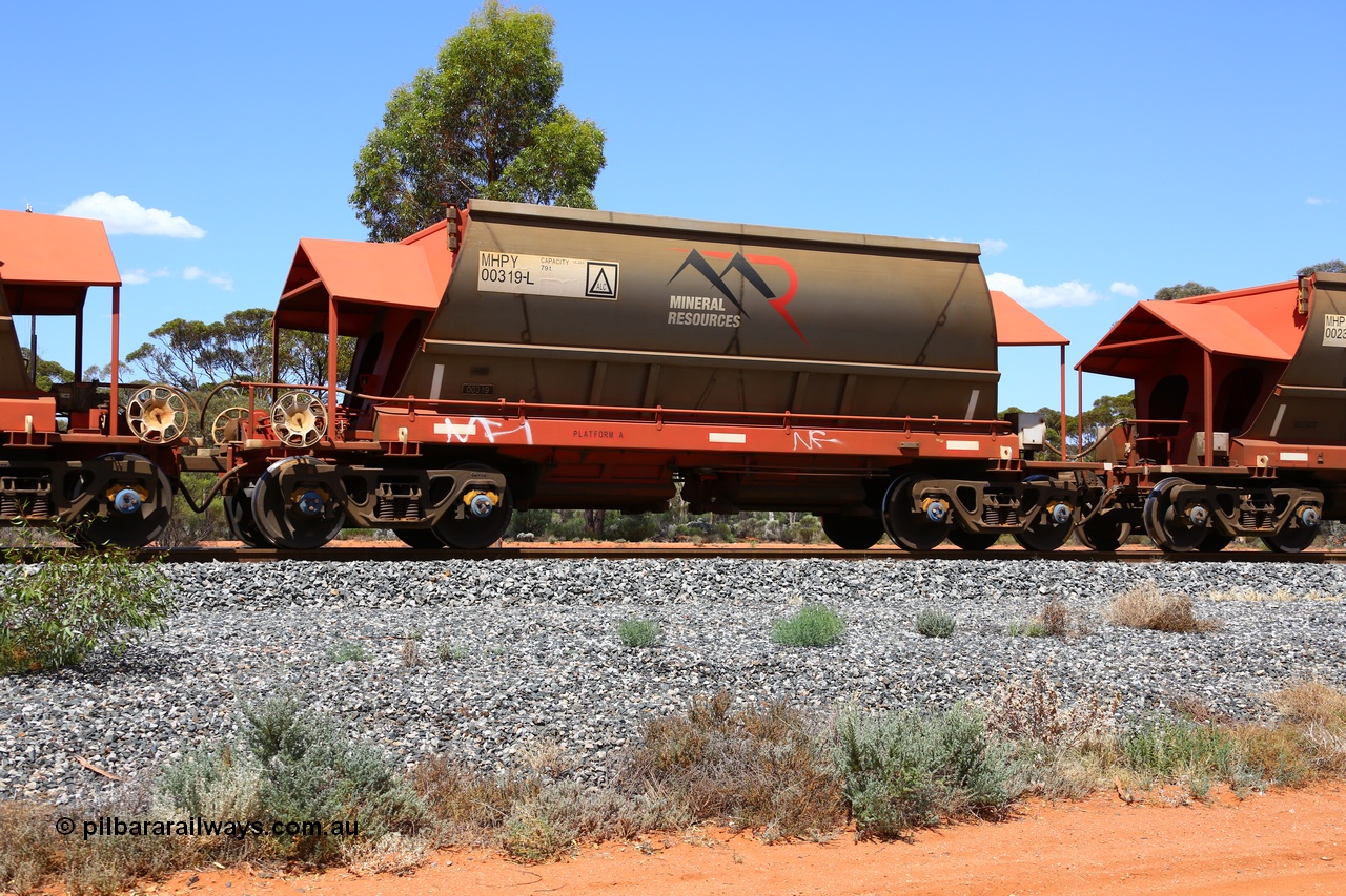 190107 0583
Binduli, on empty Mineral Resources Ltd iron ore train service from Esperance to Koolyanobbing 2034 with MRL's MHPY type iron ore waggon MHPY 00319 built by CSR Yangtze Co China serial 2014/382-319 in 2014 as a batch of 382 units, these bottom discharge hopper waggons are operated in 'married' pairs.
Keywords: MHPY-type;MHPY00319;2014/382-319;CSR-Yangtze-Rolling-Stock-Co-China;