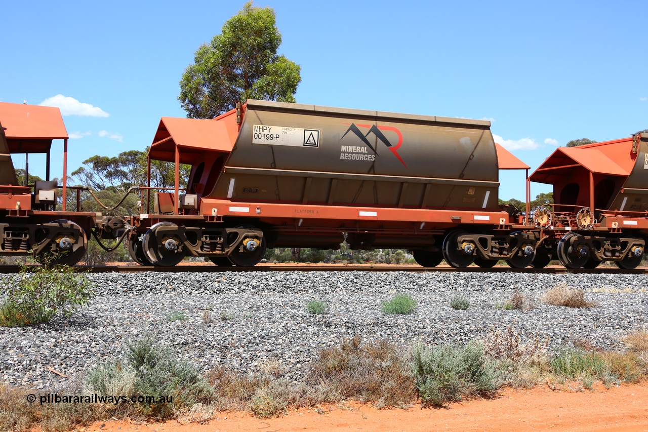 190107 0586
Binduli, on empty Mineral Resources Ltd iron ore train service from Esperance to Koolyanobbing 2034 with MRL's MHPY type iron ore waggon MHPY 00199 built by CSR Yangtze Co China serial 2014/382-199 in 2014 as a batch of 382 units, these bottom discharge hopper waggons are operated in 'married' pairs.
Keywords: MHPY-type;MHPY00199;2014/382-199;CSR-Yangtze-Rolling-Stock-Co-China;