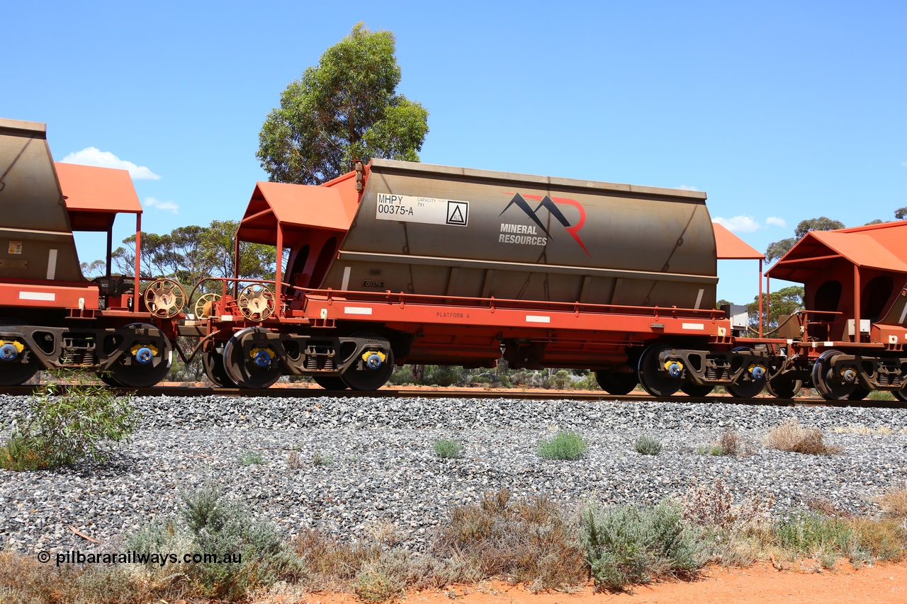 190107 0591
Binduli, on empty Mineral Resources Ltd iron ore train service from Esperance to Koolyanobbing 2034 with MRL's MHPY type iron ore waggon MHPY 00375 built by CSR Yangtze Co China serial 2014/382-375 in 2014 as a batch of 382 units, these bottom discharge hopper waggons are operated in 'married' pairs.
Keywords: MHPY-type;MHPY00375;2014/382-375;CSR-Yangtze-Rolling-Stock-Co-China;