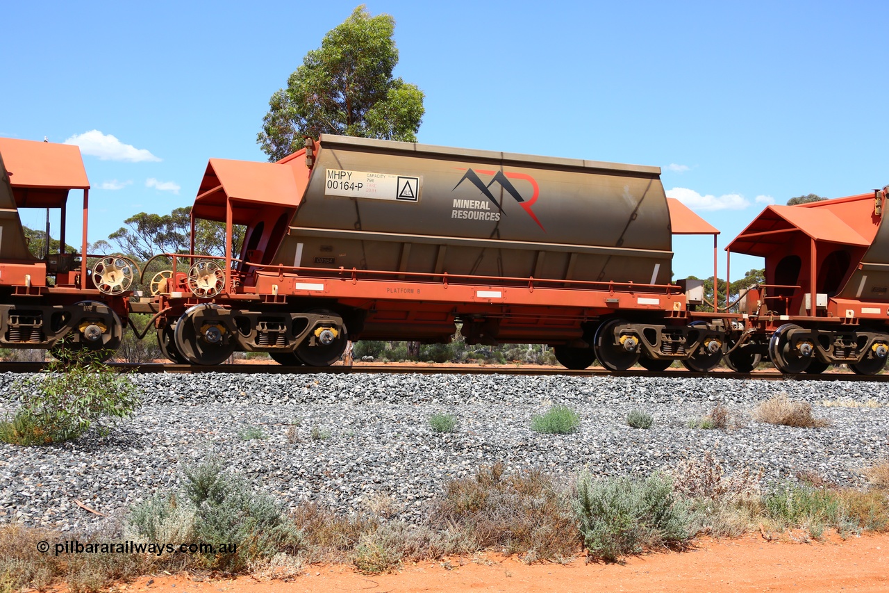 190107 0595
Binduli, on empty Mineral Resources Ltd iron ore train service from Esperance to Koolyanobbing 2034 with MRL's MHPY type iron ore waggon MHPY 00164 built by CSR Yangtze Co China serial 2014/382-164 in 2014 as a batch of 382 units, these bottom discharge hopper waggons are operated in 'married' pairs.
Keywords: MHPY-type;MHPY00164;2014/382-164;CSR-Yangtze-Rolling-Stock-Co-China;