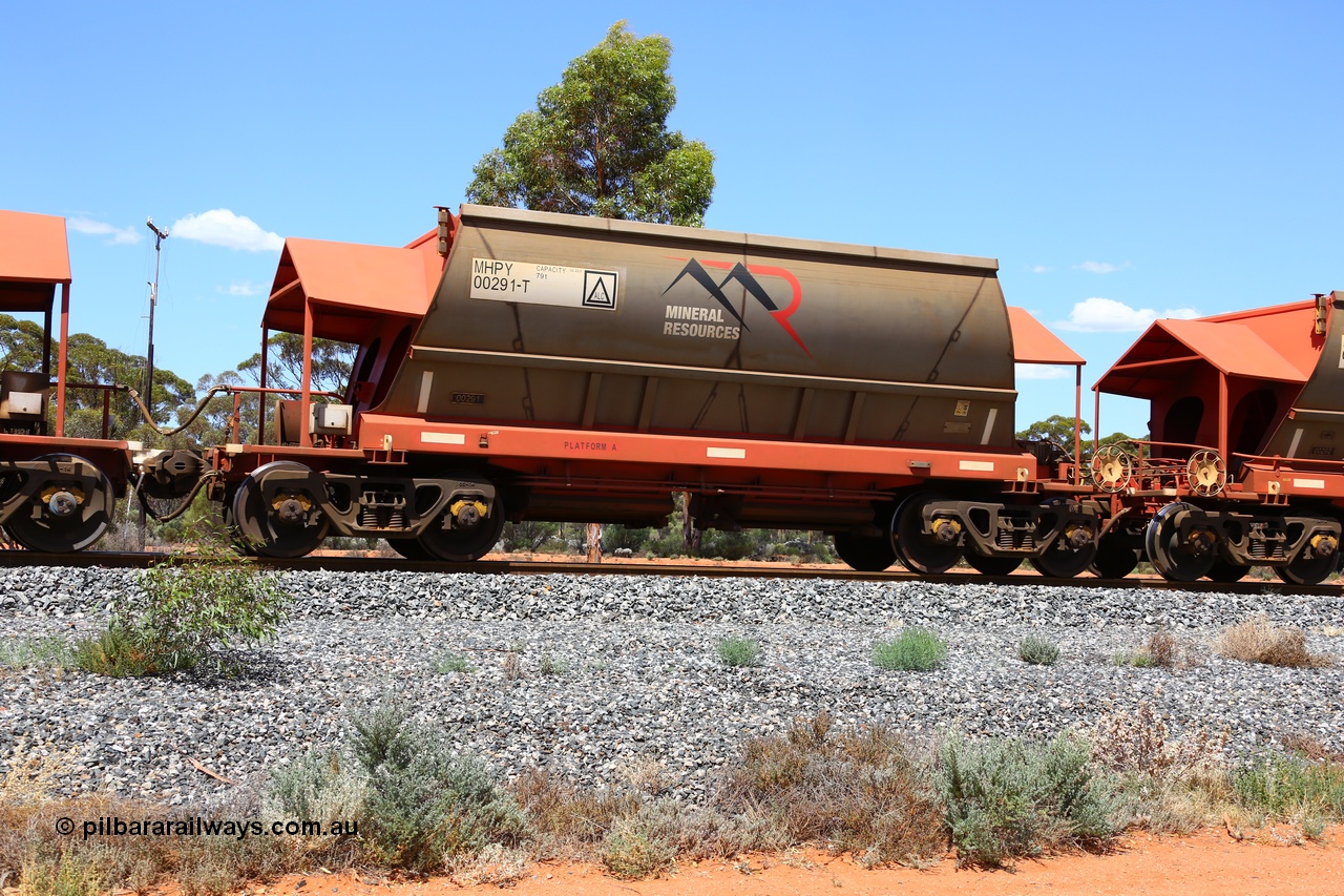 190107 0600
Binduli, on empty Mineral Resources Ltd iron ore train service from Esperance to Koolyanobbing 2034 with MRL's MHPY type iron ore waggon MHPY 00291 built by CSR Yangtze Co China serial 2014/382-291 in 2014 as a batch of 382 units, these bottom discharge hopper waggons are operated in 'married' pairs.
Keywords: MHPY-type;MHPY00291;2014/382-291;CSR-Yangtze-Rolling-Stock-Co-China;