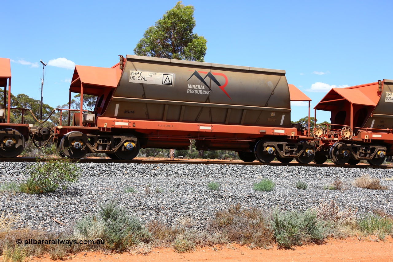 190107 0604
Binduli, on empty Mineral Resources Ltd iron ore train service from Esperance to Koolyanobbing 2034 with MRL's MHPY type iron ore waggon MHPY 00157 built by CSR Yangtze Co China serial 2014/382-157 in 2014 as a batch of 382 units, these bottom discharge hopper waggons are operated in 'married' pairs.
Keywords: MHPY-type;MHPY00157;2014/382-157;CSR-Yangtze-Rolling-Stock-Co-China;