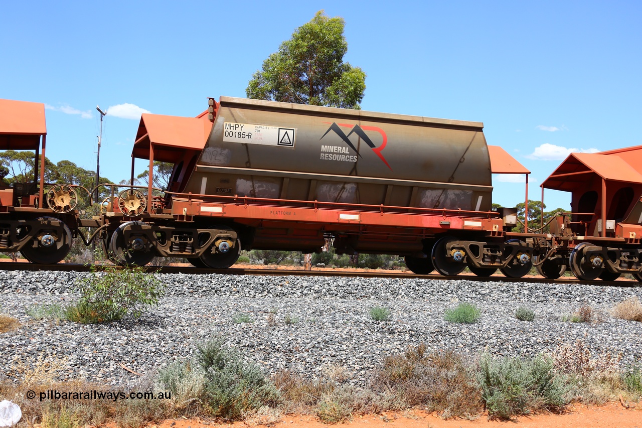 190107 0609
Binduli, on empty Mineral Resources Ltd iron ore train service from Esperance to Koolyanobbing 2034 with MRL's MHPY type iron ore waggon MHPY 00185 built by CSR Yangtze Co China serial 2014/382-185 in 2014 as a batch of 382 units, these bottom discharge hopper waggons are operated in 'married' pairs.
Keywords: MHPY-type;MHPY00185;2014/382-185;CSR-Yangtze-Rolling-Stock-Co-China;
