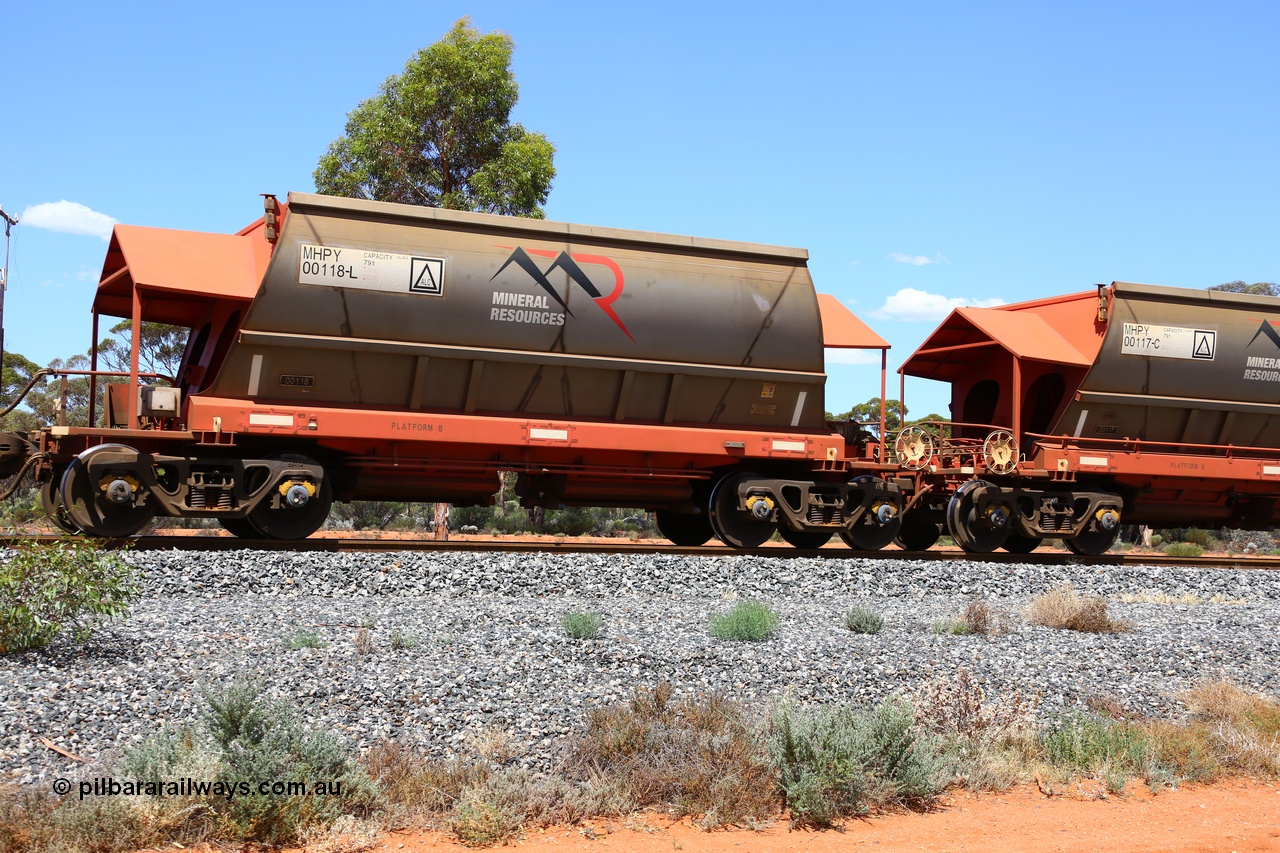 190107 0610
Binduli, on empty Mineral Resources Ltd iron ore train service from Esperance to Koolyanobbing 2034 with MRL's MHPY type iron ore waggon MHPY 00118 built by CSR Yangtze Co China serial 2014/382-118 in 2014 as a batch of 382 units, these bottom discharge hopper waggons are operated in 'married' pairs.
Keywords: MHPY-type;MHPY00118;2014/382-118;CSR-Yangtze-Rolling-Stock-Co-China;