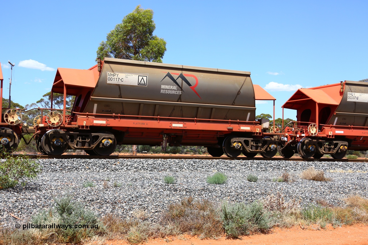 190107 0611
Binduli, on empty Mineral Resources Ltd iron ore train service from Esperance to Koolyanobbing 2034 with MRL's MHPY type iron ore waggon MHPY 00117 built by CSR Yangtze Co China serial 2014/382-117 in 2014 as a batch of 382 units, these bottom discharge hopper waggons are operated in 'married' pairs.
Keywords: MHPY-type;MHPY00117;2014/382-117;CSR-Yangtze-Rolling-Stock-Co-China;