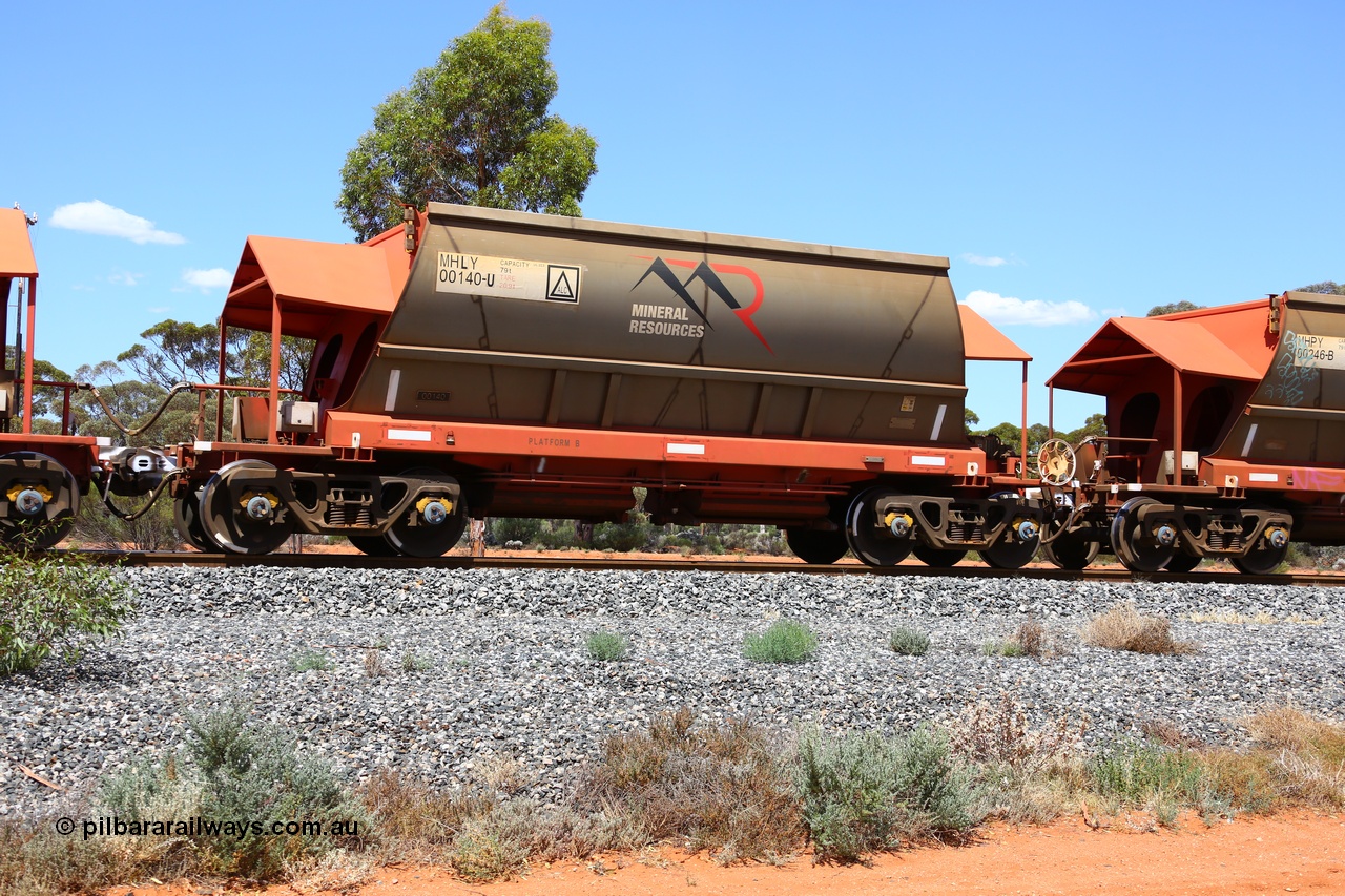 190107 0613
Binduli, on empty Mineral Resources Ltd iron ore train service from Esperance to Koolyanobbing 2034 with MRL's MHLY type iron ore waggon MHLY 00140 built by CSR Yangtze Co China serial 2014/382-140 in 2014 as a batch of 382 units, these bottom discharge hopper waggons are recoded to single waggons.
Keywords: MHLY-type;MHLY00140;2014/382-140;CSR-Yangtze-Rolling-Stock-Co-China;