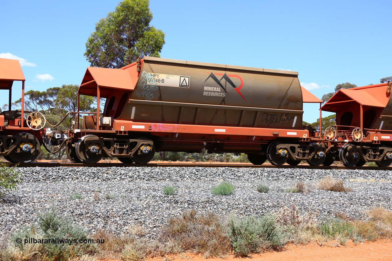 190107 0614
Binduli, on empty Mineral Resources Ltd iron ore train service from Esperance to Koolyanobbing 2034 with MRL's MHPY type iron ore waggon MHPY 00246 built by CSR Yangtze Co China serial 2014/382-246 in 2014 as a batch of 382 units, these bottom discharge hopper waggons are operated in 'married' pairs.
Keywords: MHPY-type;MHPY00246;2014/382-246;CSR-Yangtze-Rolling-Stock-Co-China;