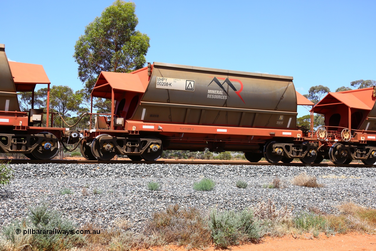190107 0618
Binduli, on empty Mineral Resources Ltd iron ore train service from Esperance to Koolyanobbing 2034 with MRL's MHPY type iron ore waggon MHPY 00208 built by CSR Yangtze Co China serial 2014/382-208 in 2014 as a batch of 382 units, these bottom discharge hopper waggons are operated in 'married' pairs.
Keywords: MHPY-type;MHPY00208;2014/382-208;CSR-Yangtze-Rolling-Stock-Co-China;