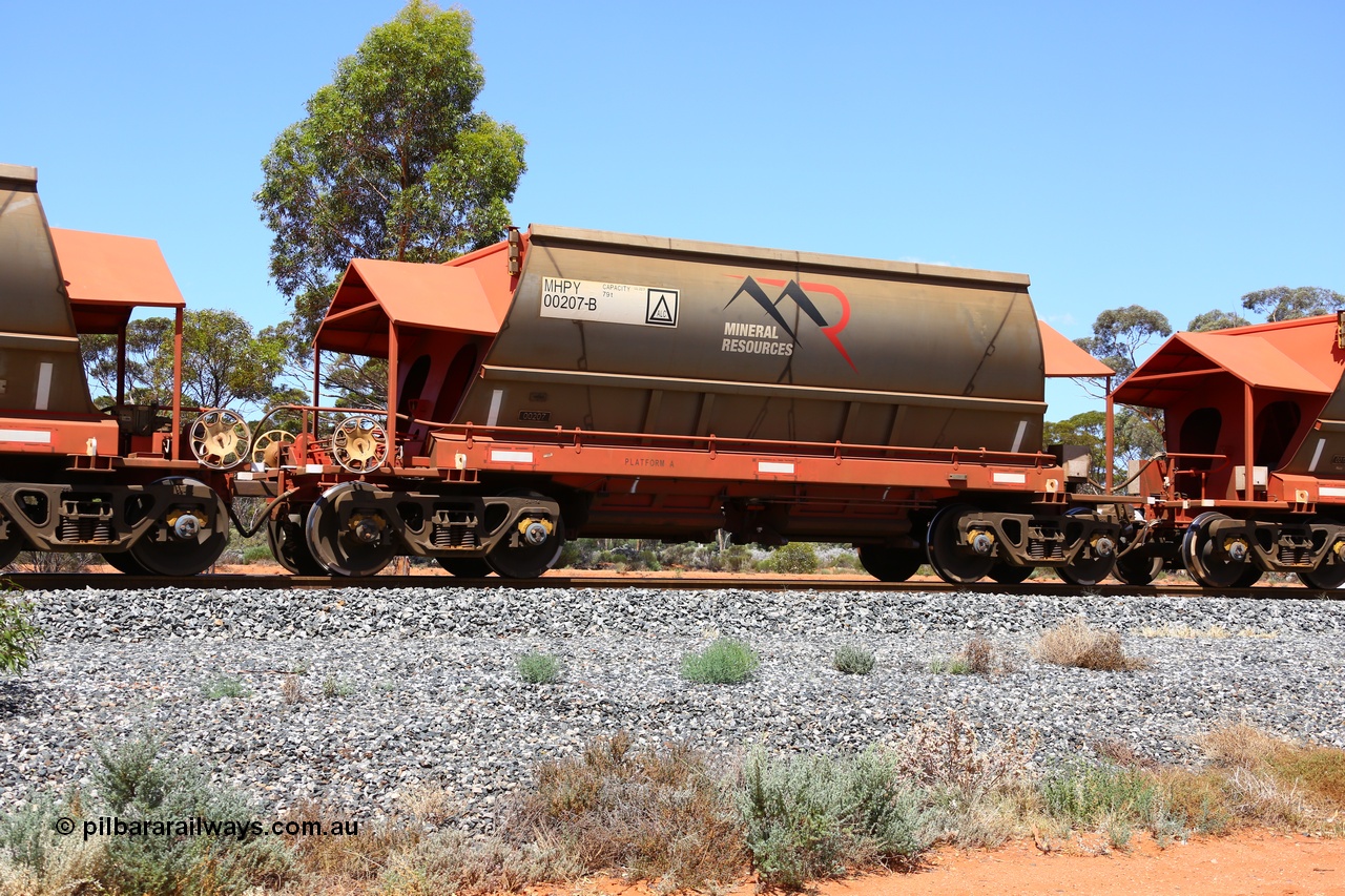 190107 0619
Binduli, on empty Mineral Resources Ltd iron ore train service from Esperance to Koolyanobbing 2034 with MRL's MHPY type iron ore waggon MHPY 00207 built by CSR Yangtze Co China serial 2014/382-207 in 2014 as a batch of 382 units, these bottom discharge hopper waggons are operated in 'married' pairs.
Keywords: MHPY-type;MHPY00207;2014/382-207;CSR-Yangtze-Rolling-Stock-Co-China;