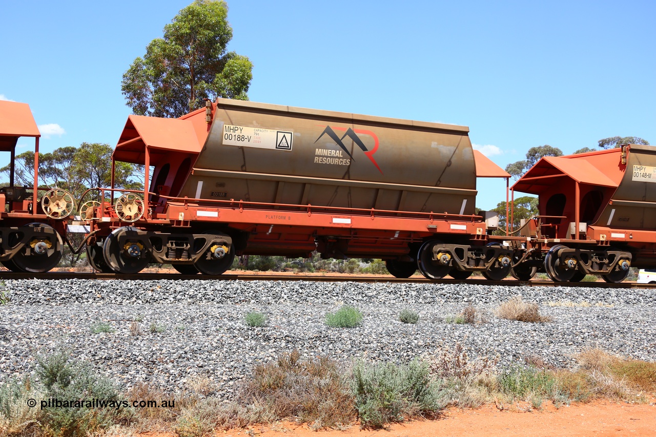 190107 0621
Binduli, on empty Mineral Resources Ltd iron ore train service from Esperance to Koolyanobbing 2034 with MRL's MHPY type iron ore waggon MHPY 00188 built by CSR Yangtze Co China serial 2014/382-188 in 2014 as a batch of 382 units, these bottom discharge hopper waggons are operated in 'married' pairs.
Keywords: MHPY-type;MHPY00188;2014/382-188;CSR-Yangtze-Rolling-Stock-Co-China;