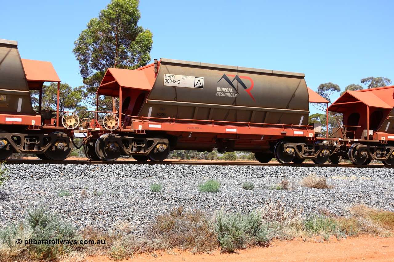 190107 0625
Binduli, on empty Mineral Resources Ltd iron ore train service from Esperance to Koolyanobbing 2034 with MRL's MHPY type iron ore waggon MHPY 00043 built by CSR Yangtze Co China serial 2014/382-43 in 2014 as a batch of 382 units, these bottom discharge hopper waggons are operated in 'married' pairs.
Keywords: MHPY-type;MHPY00043;2014/382-43;CSR-Yangtze-Rolling-Stock-Co-China;