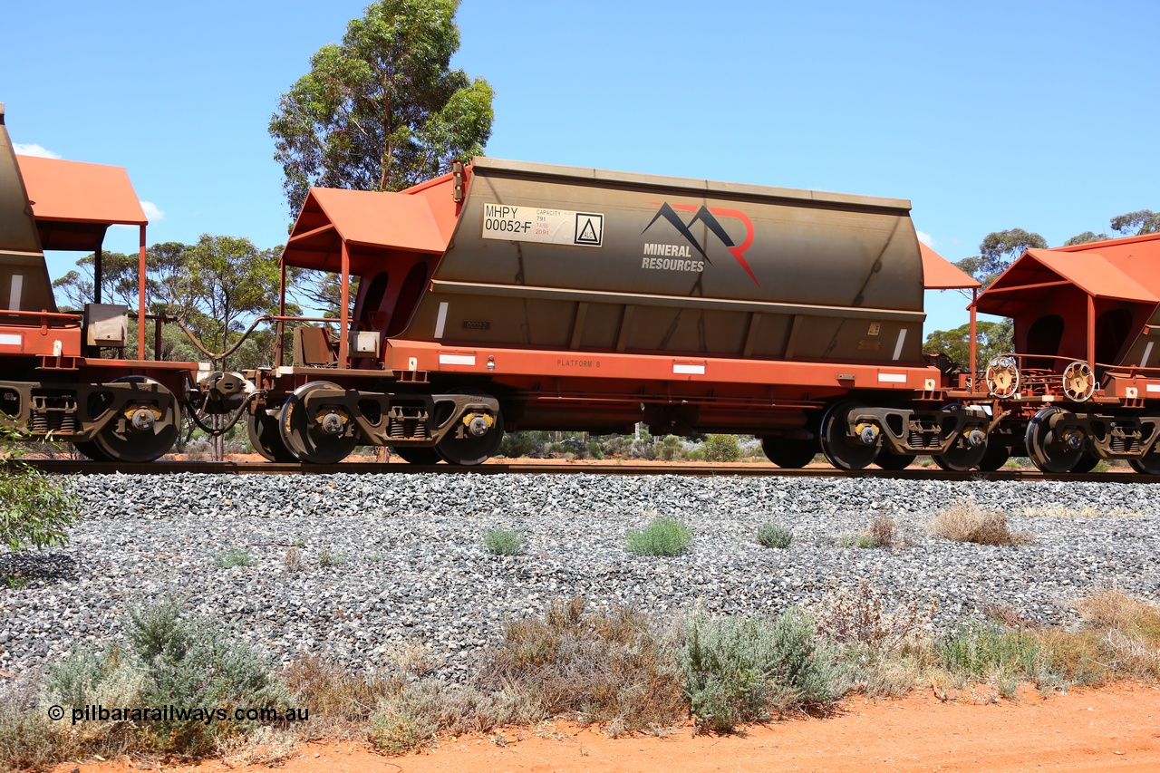 190107 0626
Binduli, on empty Mineral Resources Ltd iron ore train service from Esperance to Koolyanobbing 2034 with MRL's MHPY type iron ore waggon MHPY 00052 built by CSR Yangtze Co China serial 2014/382-52 in 2014 as a batch of 382 units, these bottom discharge hopper waggons are operated in 'married' pairs.
Keywords: MHPY-type;MHPY00052;2014/382-52;CSR-Yangtze-Rolling-Stock-Co-China;