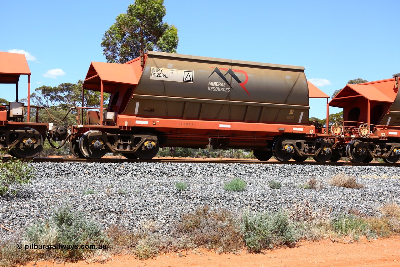 190107 0628
Binduli, on empty Mineral Resources Ltd iron ore train service from Esperance to Koolyanobbing 2034 with MRL's MHPY type iron ore waggon MHPY 00203 built by CSR Yangtze Co China serial 2014/382-203 in 2014 as a batch of 382 units, these bottom discharge hopper waggons are operated in 'married' pairs.
Keywords: MHPY-type;MHPY00203;2014/382-203;CSR-Yangtze-Rolling-Stock-Co-China;
