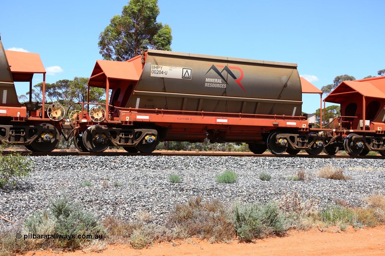 190107 0629
Binduli, on empty Mineral Resources Ltd iron ore train service from Esperance to Koolyanobbing 2034 with MRL's MHPY type iron ore waggon MHPY 00204 built by CSR Yangtze Co China serial 2014/382-204 in 2014 as a batch of 382 units, these bottom discharge hopper waggons are operated in 'married' pairs.
Keywords: MHPY-type;MHPY00204;2014/382-204;CSR-Yangtze-Rolling-Stock-Co-China;