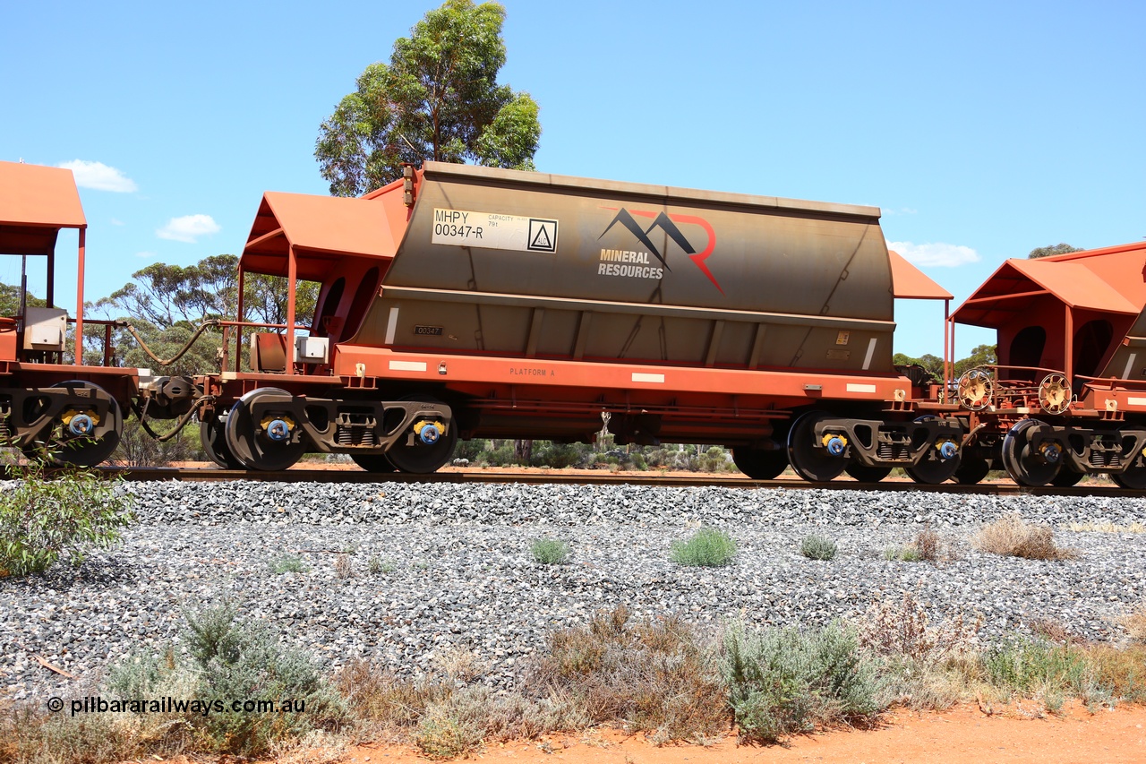 190107 0630
Binduli, on empty Mineral Resources Ltd iron ore train service from Esperance to Koolyanobbing 2034 with MRL's MHPY type iron ore waggon MHPY 00347 built by CSR Yangtze Co China serial 2014/382-347 in 2014 as a batch of 382 units, these bottom discharge hopper waggons are operated in 'married' pairs.
Keywords: MHPY-type;MHPY00347;2014/382-347;CSR-Yangtze-Rolling-Stock-Co-China;