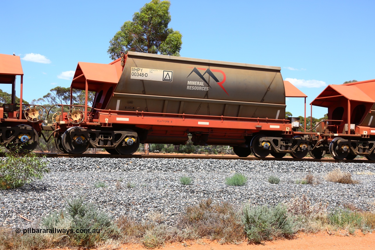 190107 0631
Binduli, on empty Mineral Resources Ltd iron ore train service from Esperance to Koolyanobbing 2034 with MRL's MHPY type iron ore waggon MHPY 00348 built by CSR Yangtze Co China serial 2014/382-348 in 2014 as a batch of 382 units, these bottom discharge hopper waggons are operated in 'married' pairs.
Keywords: MHPY-type;MHPY00348;2014/382-348;CSR-Yangtze-Rolling-Stock-Co-China;
